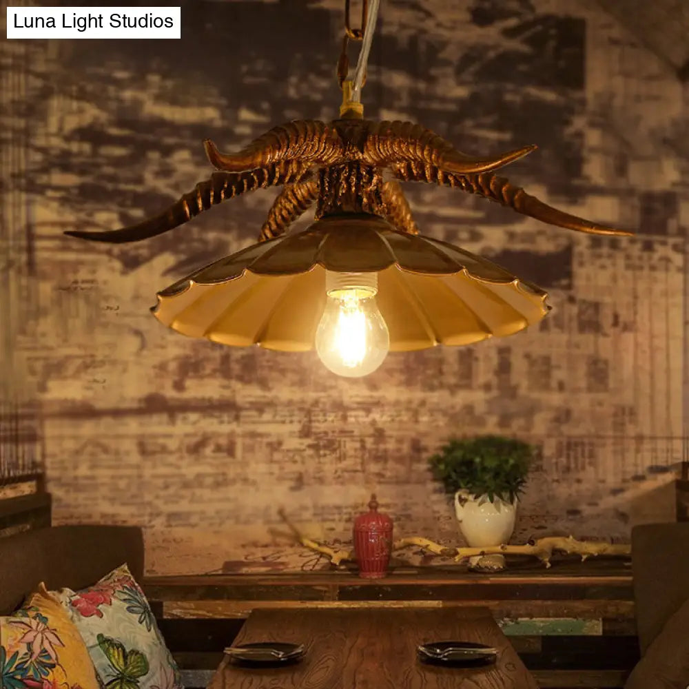 Rustic Resin Ox Horn Hanging Lamp: Brass/White Pendant Light With Scalloped Shade