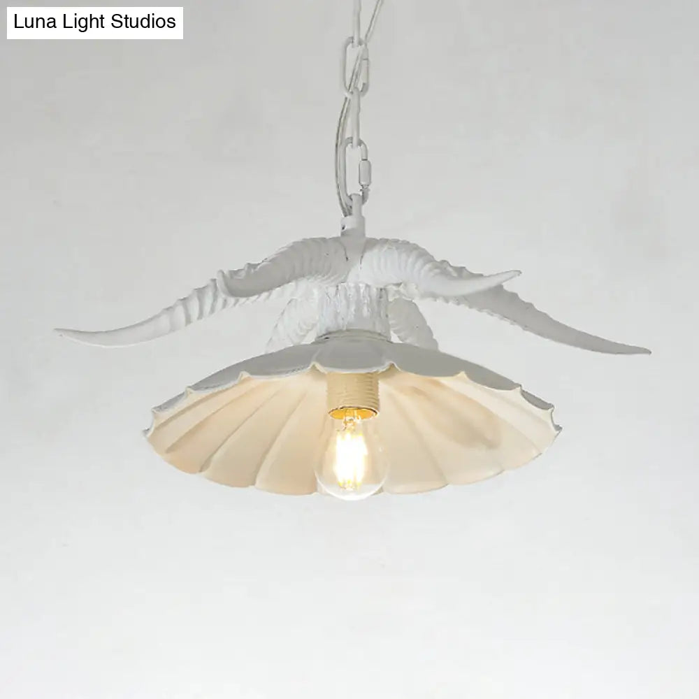 Rustic Resin Ox Horn Hanging Lamp: Brass/White Pendant Light With Scalloped Shade