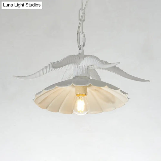 Rustic Resin Ox Horn Hanging Lamp: Brass/White Pendant Light With Scalloped Shade