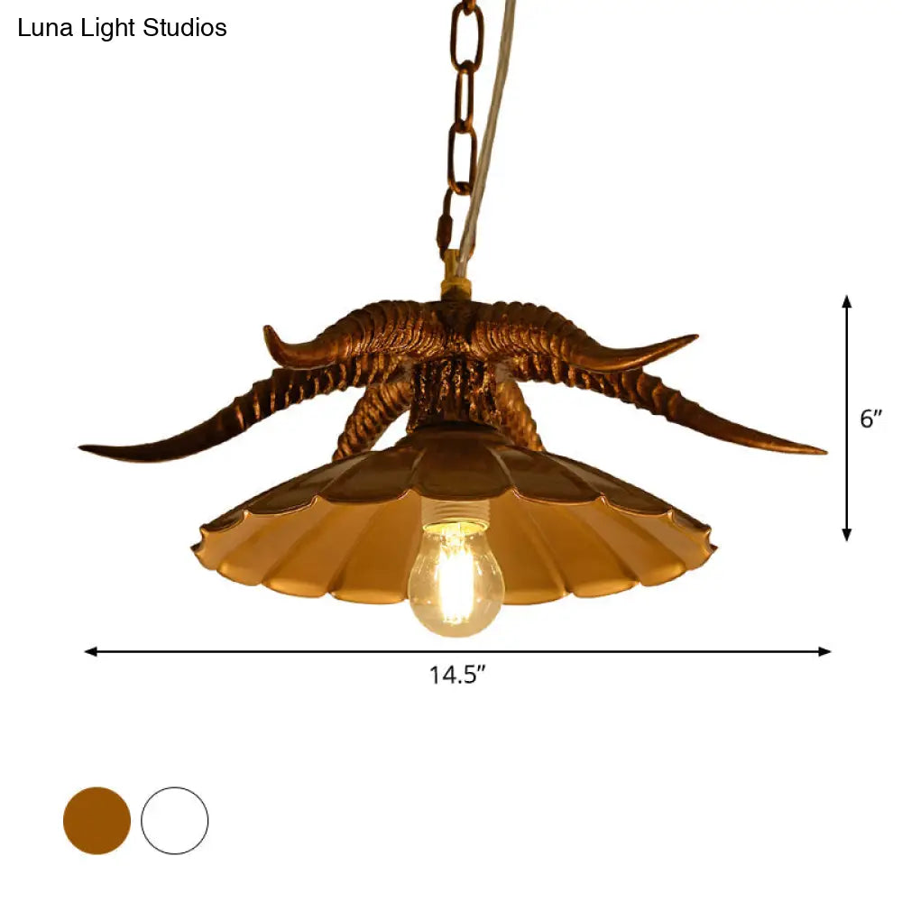 Rustic Resin Ox Horn Hanging Lamp: Brass/White Pendant Light With Scalloped Shade