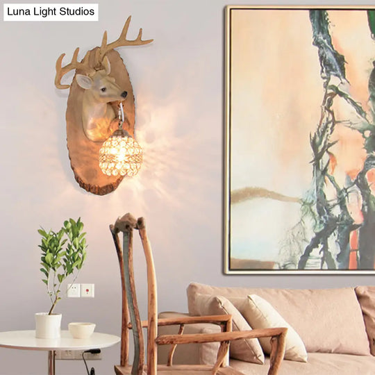 Rustic Resin Wall Lamp With Elk Design & Orb Shade - Black/Gold/Tan Left/Right Sconce Fixture.