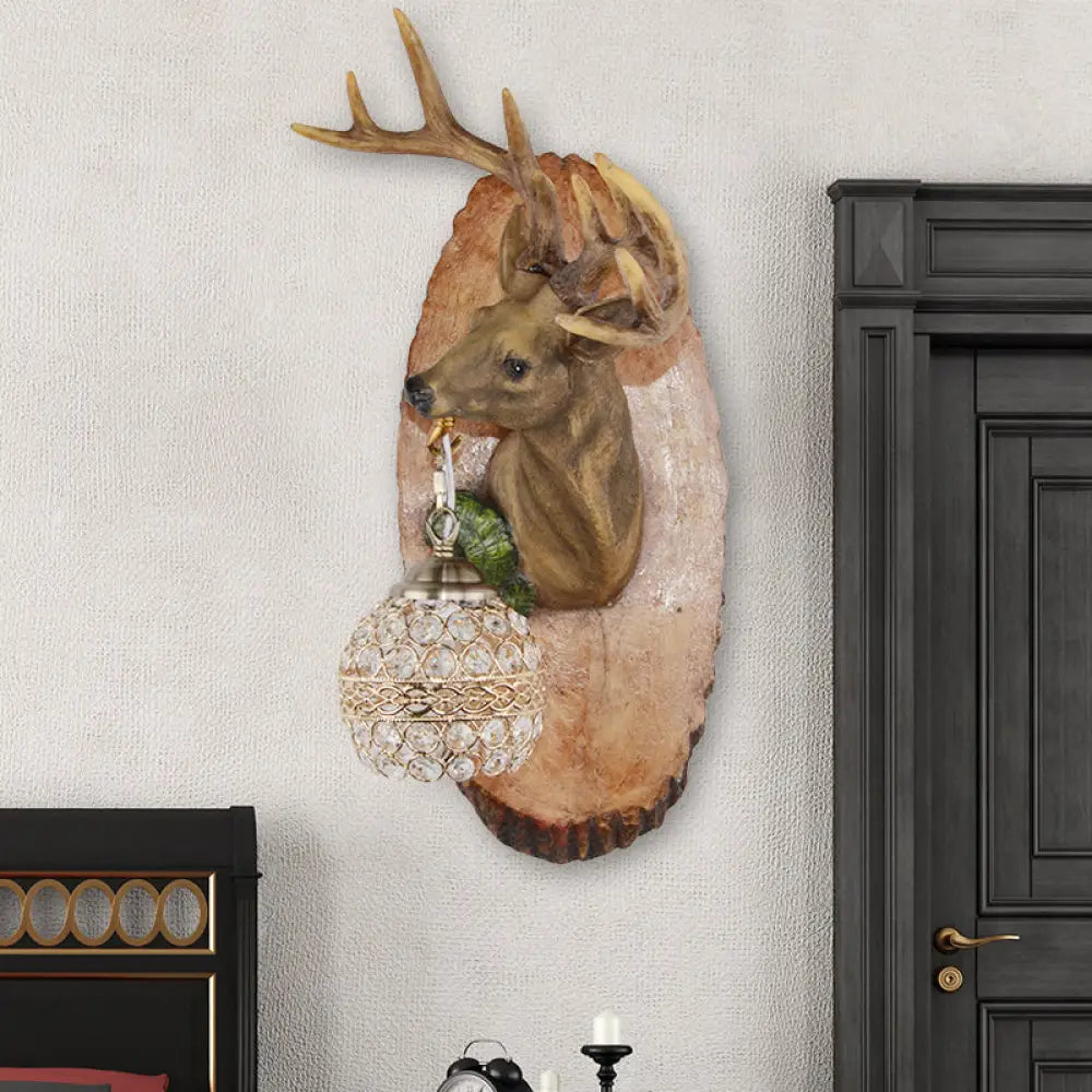 Rustic Resin Wall Lamp With Elk Design & Orb Shade - Black/Gold/Tan Left/Right Sconce Fixture. Tan /