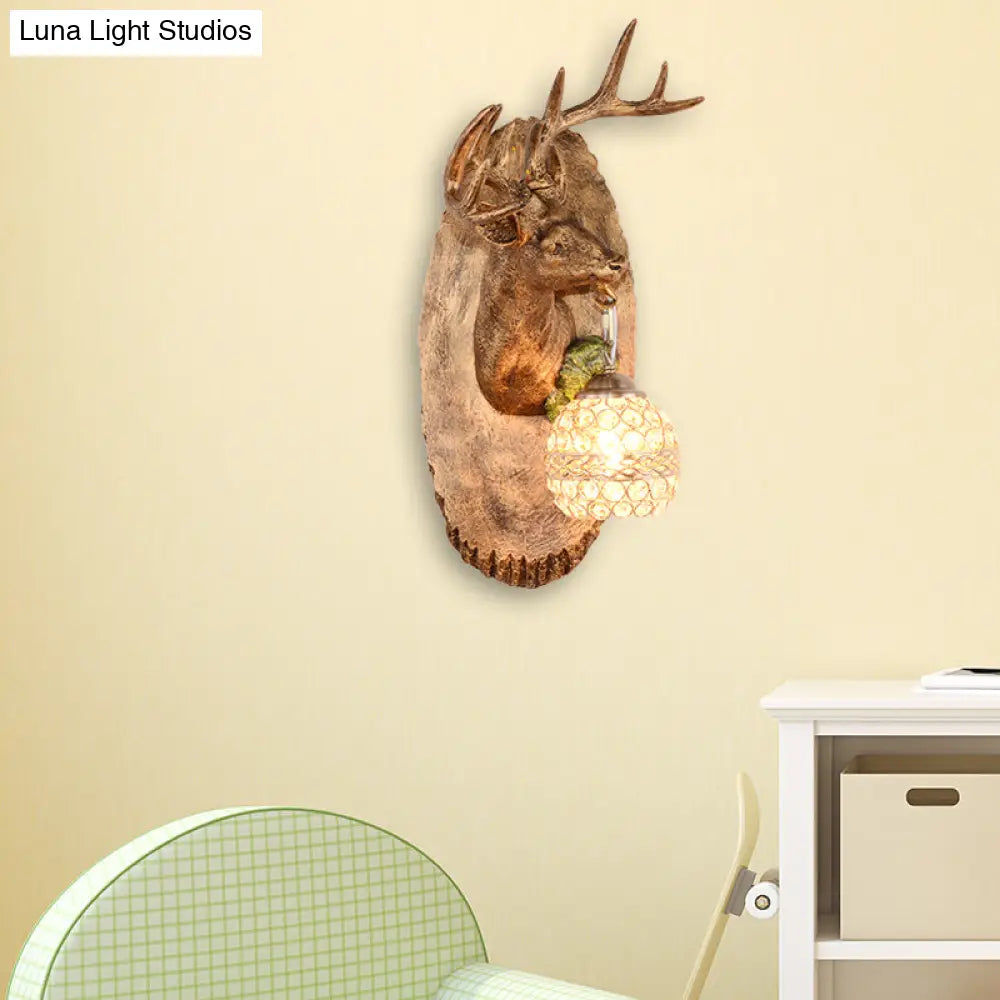 Rustic Resin Wall Lamp With Elk Design & Orb Shade - Black/Gold/Tan Left/Right Sconce Fixture.