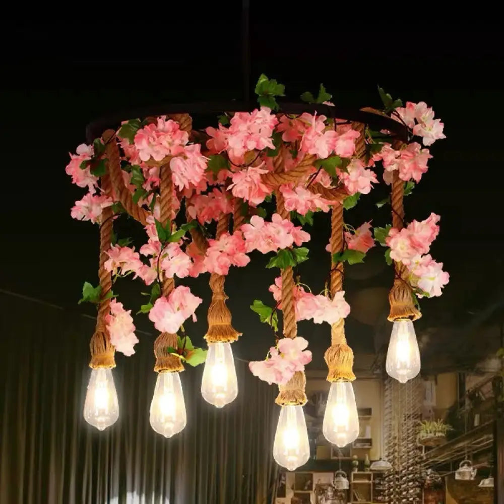 Rustic Restaurant Pendant Light Fixture With Wheel Iron Chandelier And Plant Decor 6 / Pink