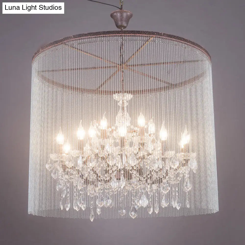 Rustic Retro Crystal Chandelier - 15-Head Candelabra Ceiling Light For Living Room With Tassel Chain