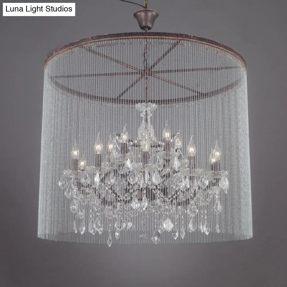 Rustic Retro Crystal Chandelier - 15-Head Candelabra Ceiling Light For Living Room With Tassel Chain