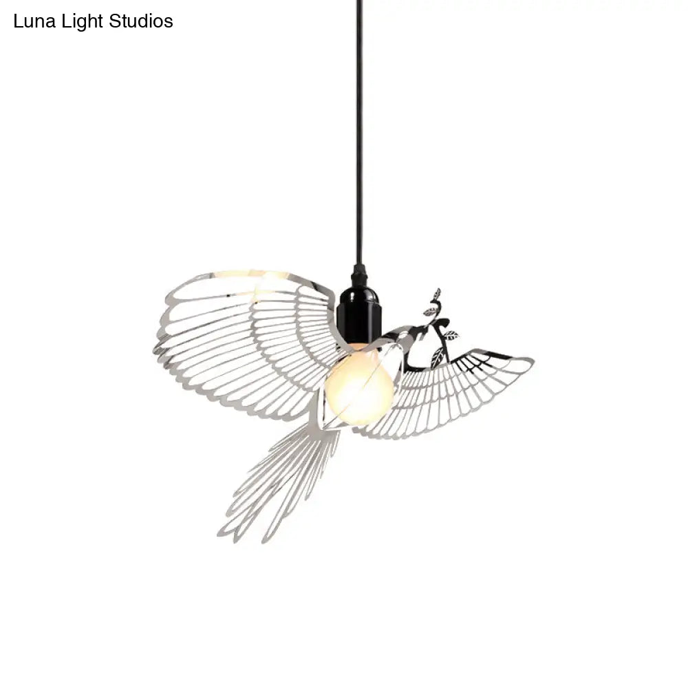 Rustic Flying Bird Shade Pendant Light - Silver Metal Perfect For Bars