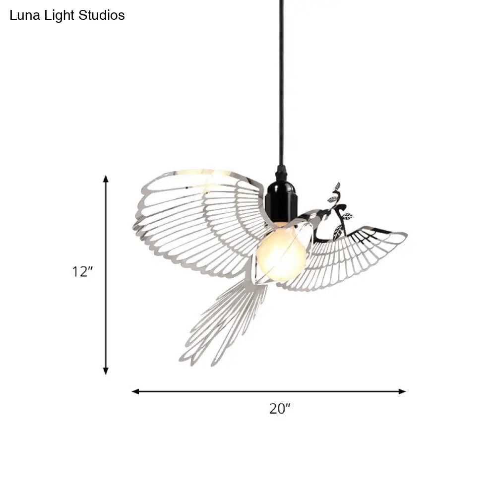 Rustic Retro Metal Pendant Light With Flying Bird Shade - Silver 1-Light Suspension For Bar