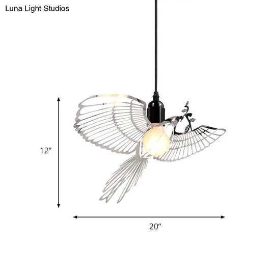 Rustic Retro Metal Pendant Light With Flying Bird Shade - Silver 1-Light Suspension For Bar