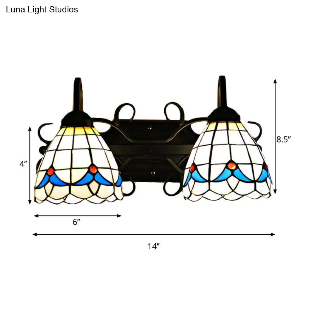 Rustic Retro Stained Glass Magnolia Wall Sconce Lamp With 2 Lights In Black - Ideal For Bathrooms