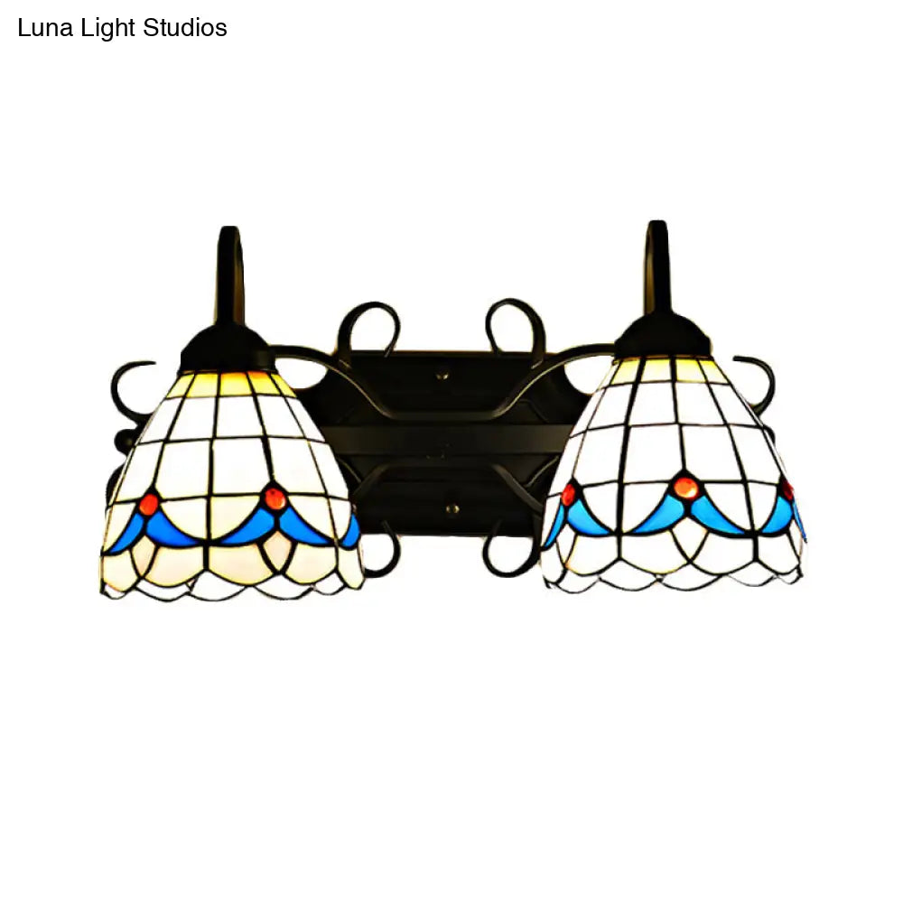 Rustic Retro Stained Glass Magnolia Wall Sconce Lamp With 2 Lights In Black - Ideal For Bathrooms