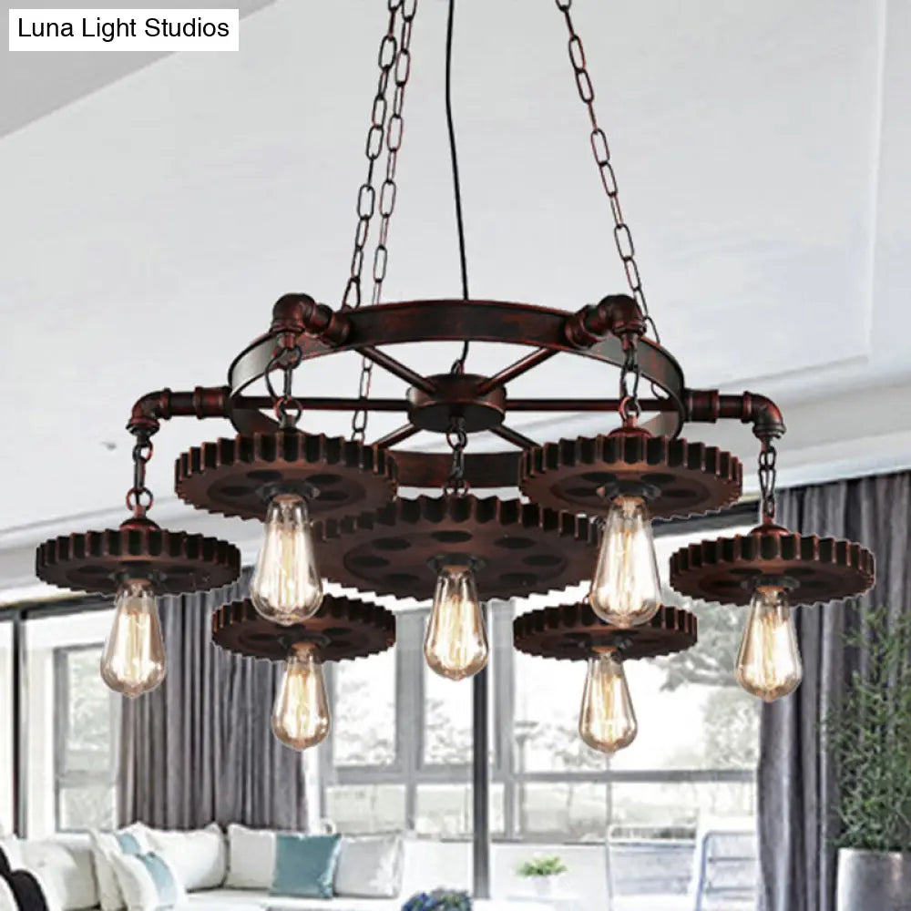 Wrought Iron Chandelier Light With Retro Design - 7 Heads Pendant Lamp For Living Room Decor In Rust