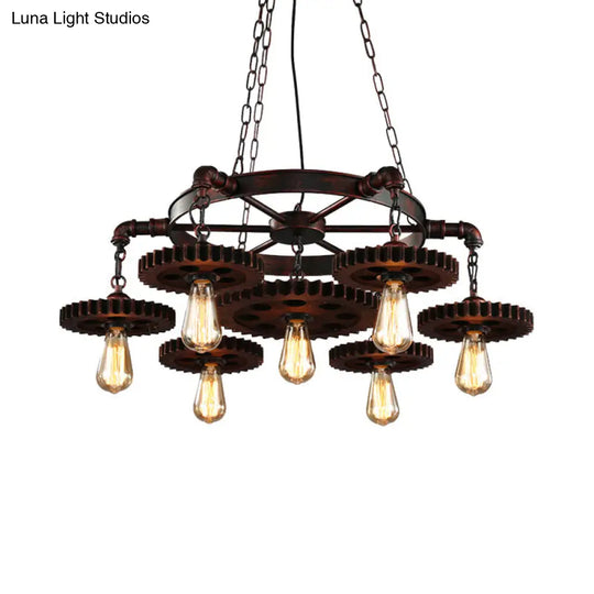 Wrought Iron Chandelier Light With Retro Design - 7 Heads Pendant Lamp For Living Room Decor In Rust