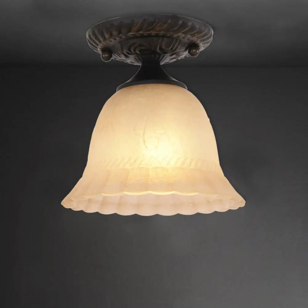 Rustic Ribbed Glass Bell Semi Flush Light With 1-Bulb Black Finish