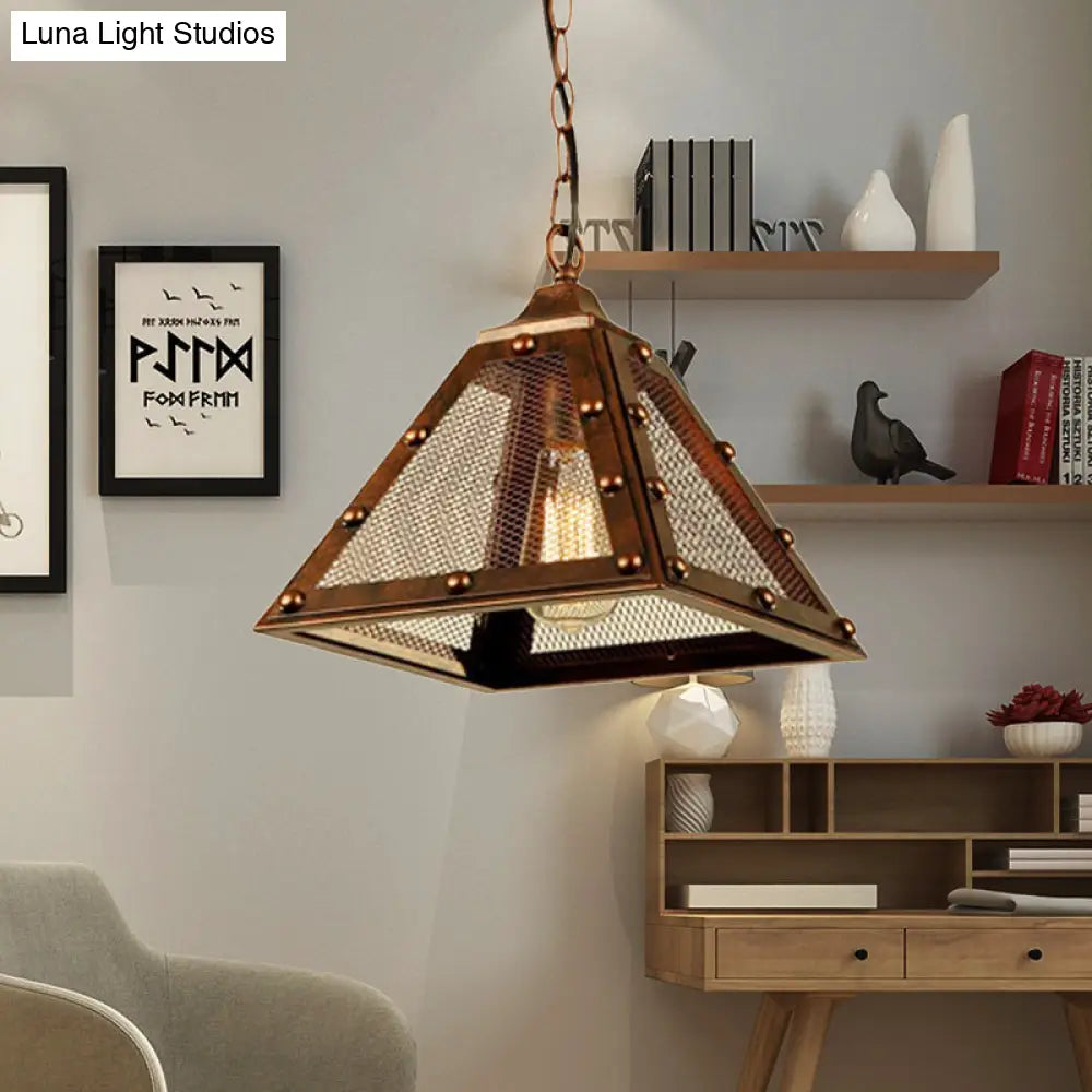 Rustic Riveted Hanging Lamp - Farmhouse Style Pendant Light With Mesh Pyramid Shade