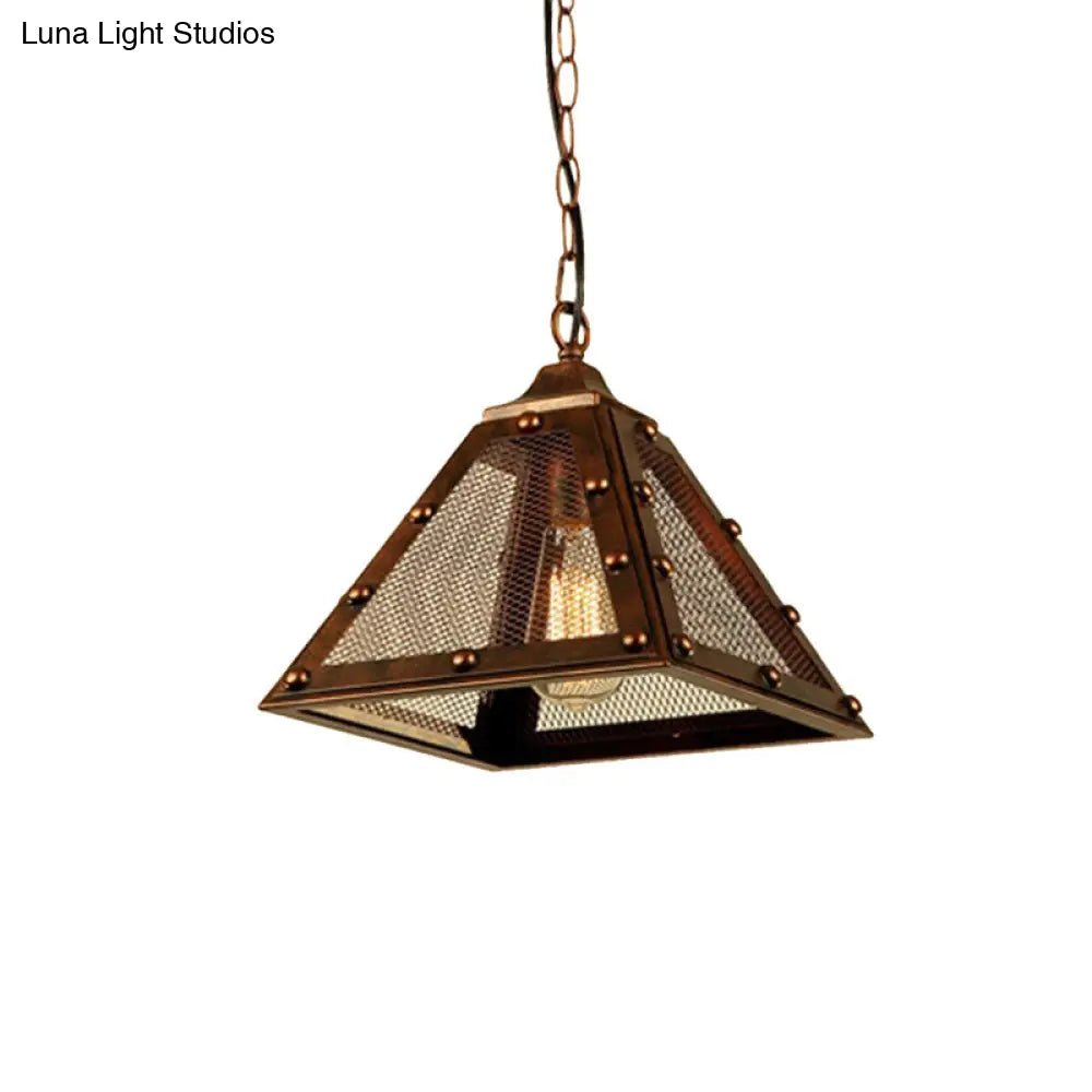 Dark Rust Metal Pyramid Shade Pendant Light With Rivets Deco In Farmhouse Style