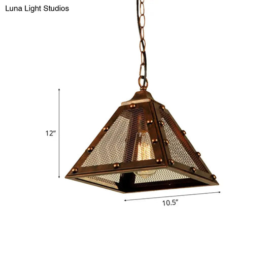 Rustic Riveted Hanging Lamp - Farmhouse Style Pendant Light With Mesh Pyramid Shade
