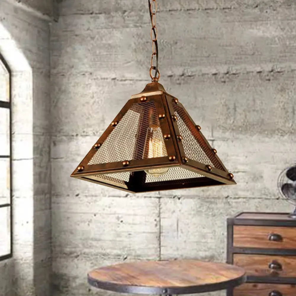Rustic Riveted Hanging Lamp - Farmhouse Style Pendant Light With Mesh Pyramid Shade Rust