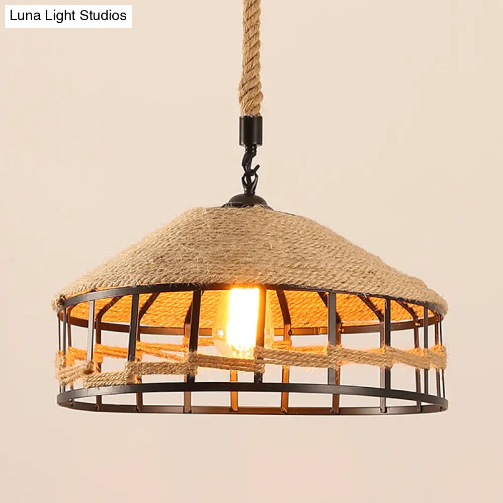Rustic Beige Rope Barn Ceiling Light - 1 Metal Drop Lamp For Restaurants / 12 B