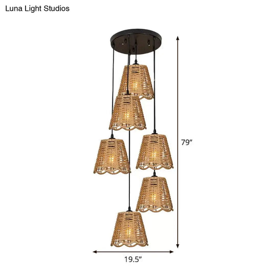 Rustic Brown Rope Pendant Lighting - Scalloped Trimmed 3/6-Head Multi Ceiling Light