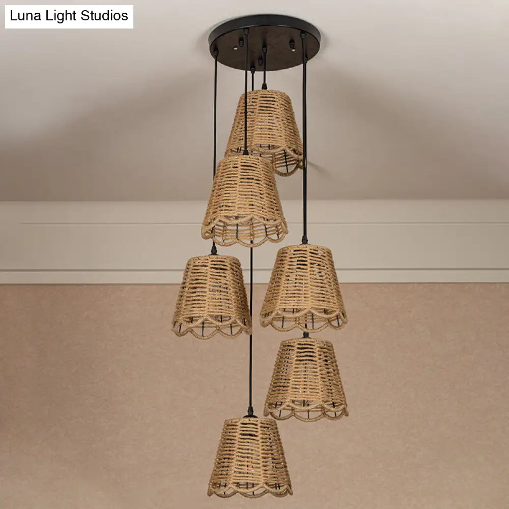 Rustic Brown Rope Pendant Lighting - Scalloped Trimmed 3/6-Head Multi Ceiling Light