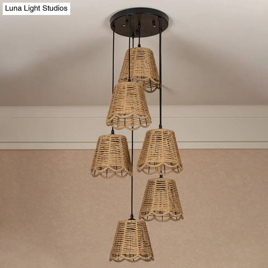 Rustic Brown Rope Pendant Lighting - Scalloped Trimmed 3/6-Head Multi Ceiling Light