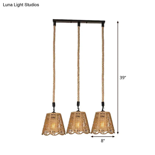 Rustic Brown Rope Pendant Lighting - Scalloped Trimmed 3/6-Head Multi Ceiling Light