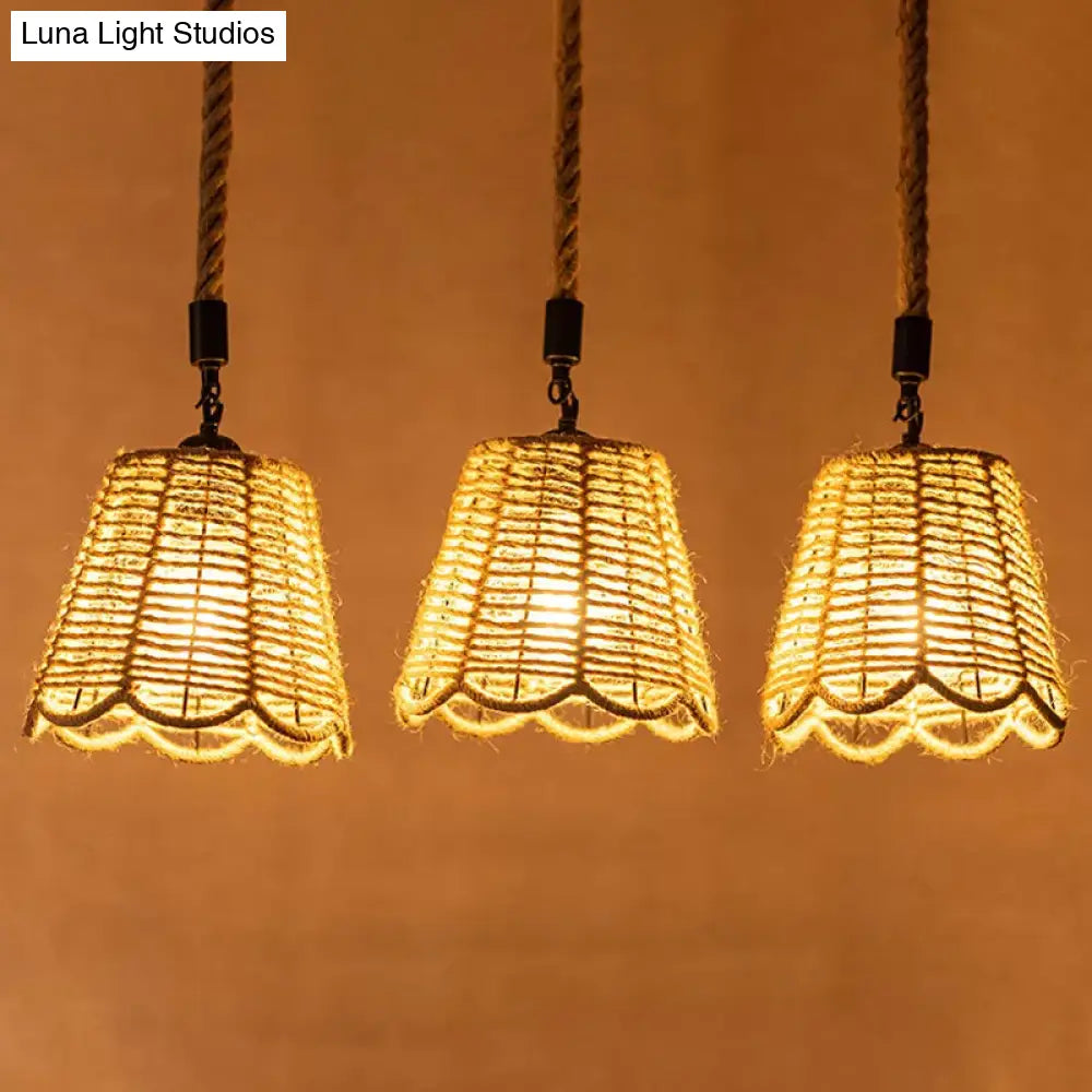 Rustic Rope Brown Pendant Light With Scalloped Trim And Multiple Tapered Heads