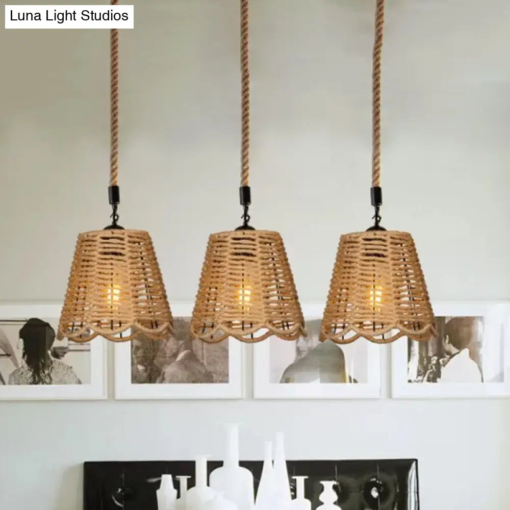 Rustic Brown Rope Pendant Lighting - Scalloped Trimmed 3/6-Head Multi Ceiling Light