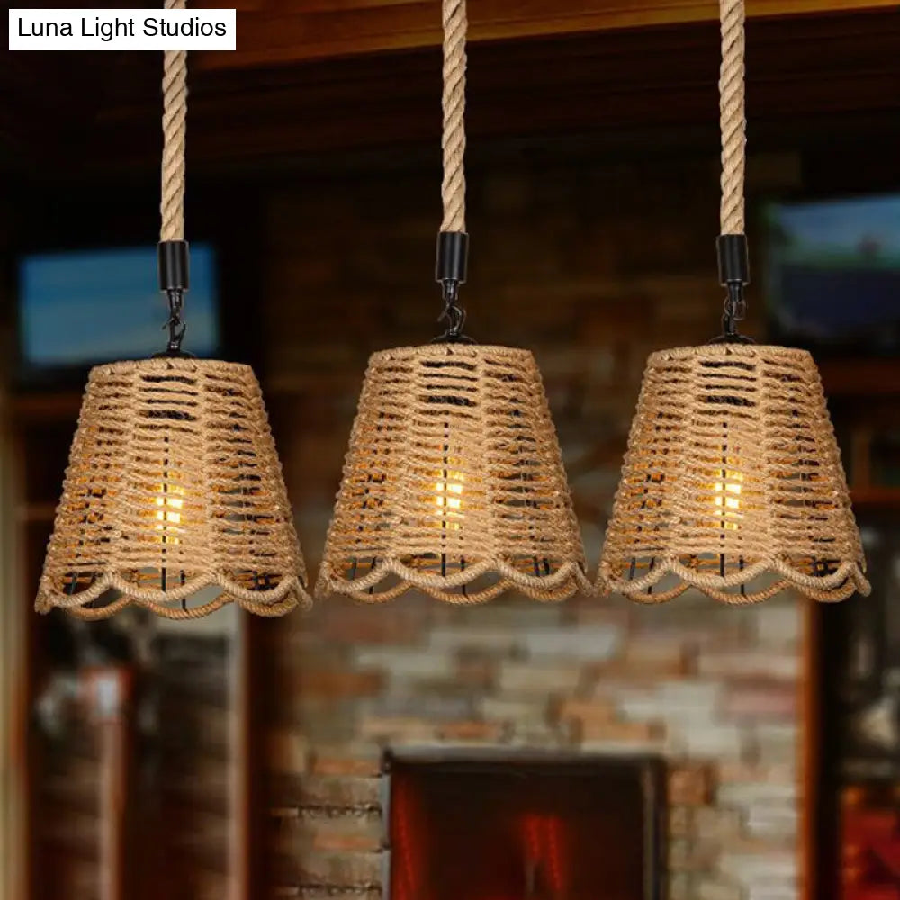 Rustic Brown Rope Pendant Lighting - Scalloped Trimmed 3/6-Head Multi Ceiling Light / Linear