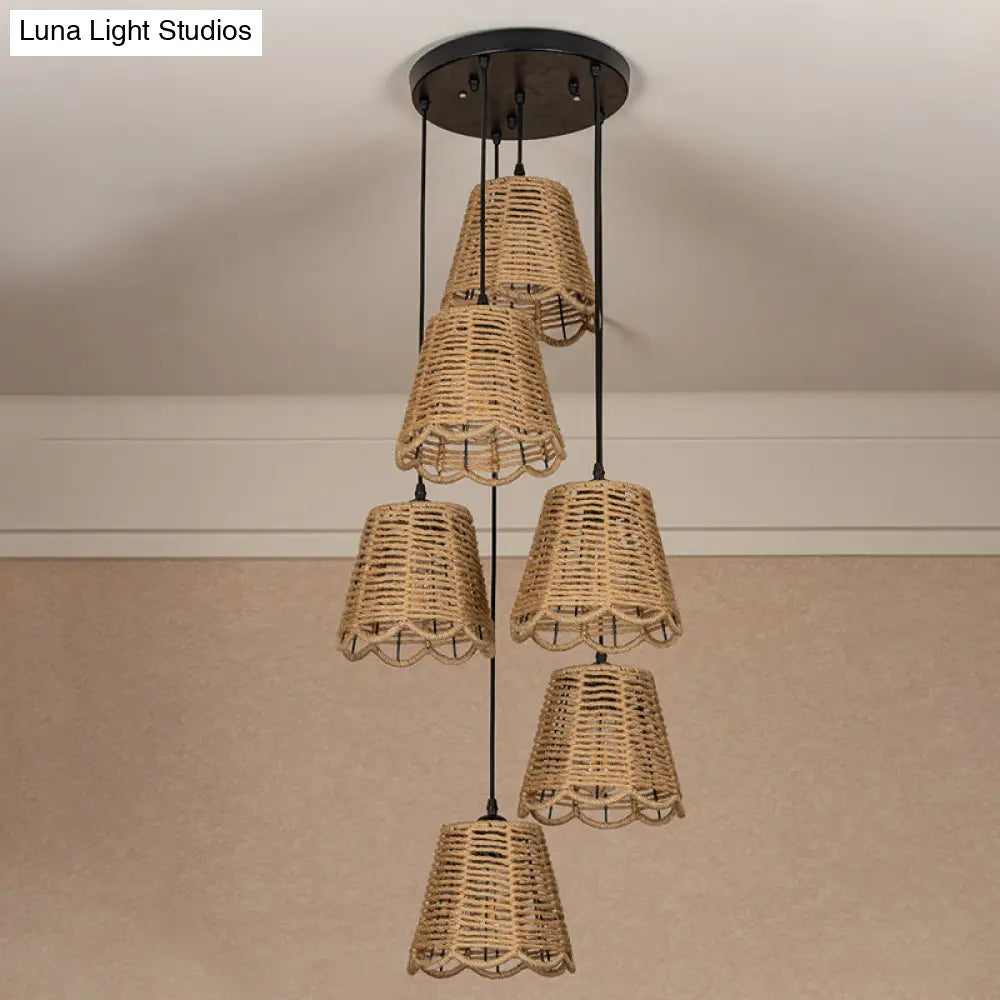 Rustic Rope Brown Pendant Light With Scalloped Trim And Multiple Tapered Heads