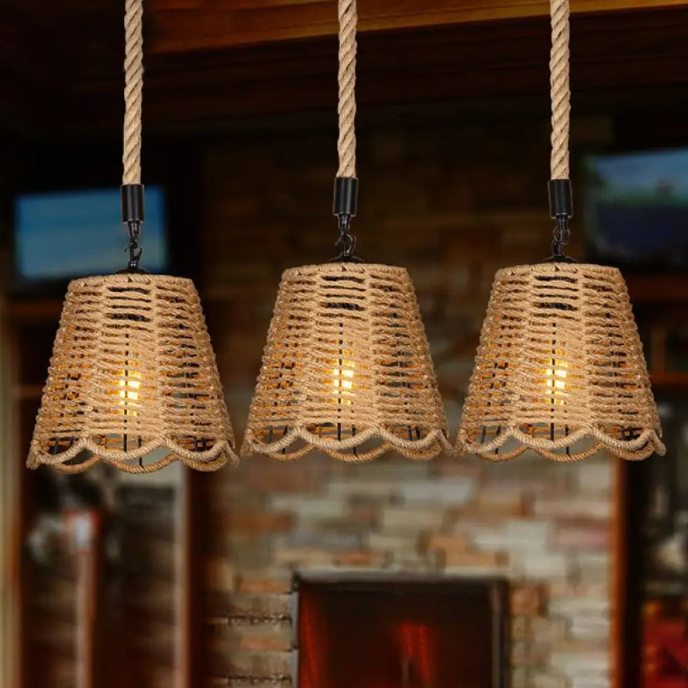 Rustic Rope Brown Pendant Light With Scalloped Trim And Multiple Tapered Heads / Linear