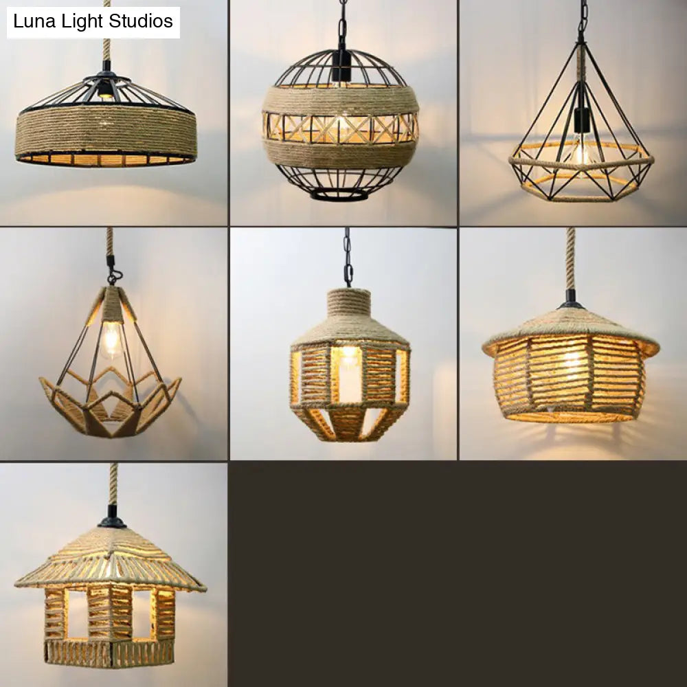 Rustic Rope Cage Pendant Light - Hand-Wrapped 1 Bulb Ceiling Lamp In Brown For Restaurants