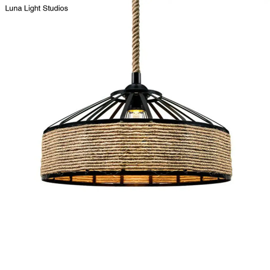 Rustic Rope Cage Pendant Light - Hand-Wrapped 1 Bulb Ceiling Lamp In Brown For Restaurants