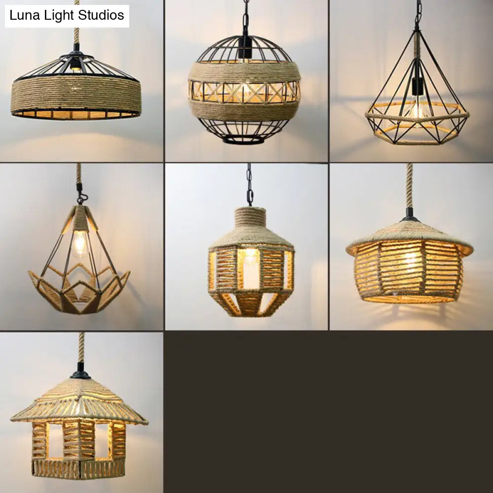 Country Style Hand-Wrapped Rope Pendant Light | Rustic 1-Bulb Ceiling Lamp In Brown For Restaurants