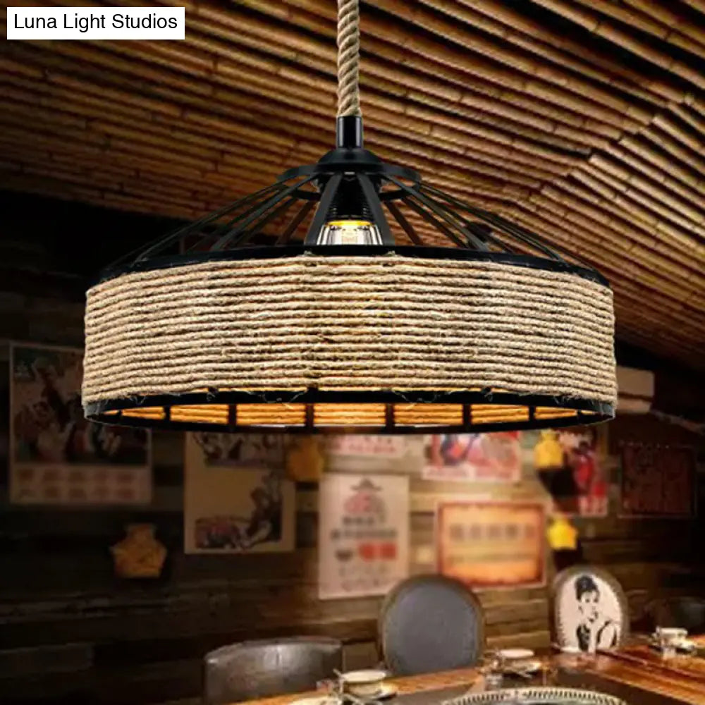 Rustic Rope Cage Pendant Light - Hand-Wrapped 1 Bulb Ceiling Lamp In Brown For Restaurants