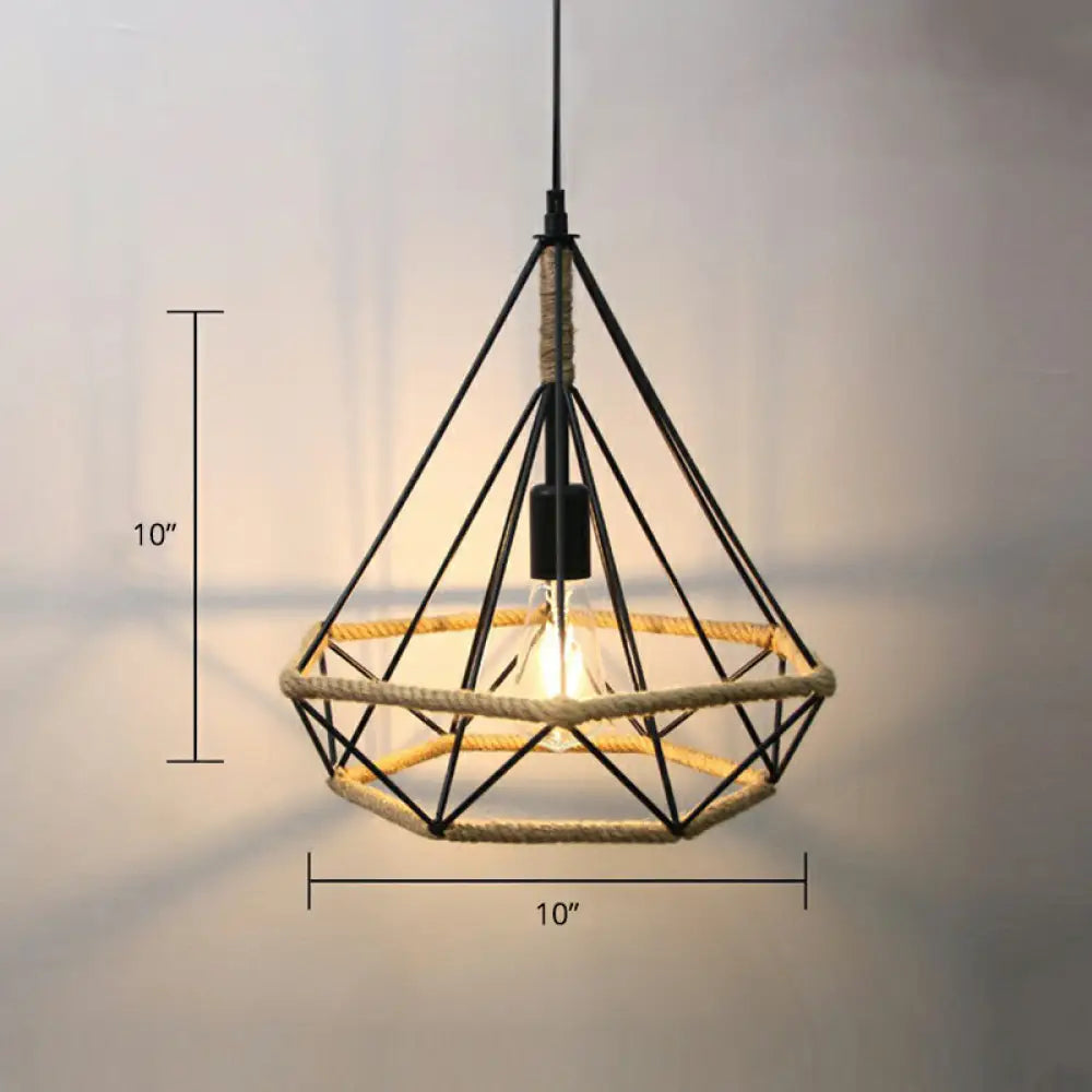 Rustic Rope Cage Pendant Light - Hand-Wrapped 1 Bulb Ceiling Lamp In Brown For Restaurants / Diamond