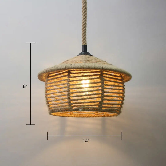 Rustic Rope Cage Pendant Light - Hand-Wrapped 1 Bulb Ceiling Lamp In Brown For Restaurants / Dome