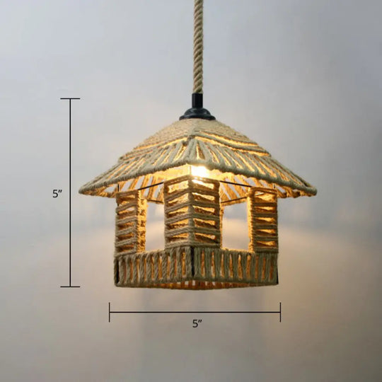 Rustic Rope Cage Pendant Light - Hand-Wrapped 1 Bulb Ceiling Lamp In Brown For Restaurants /