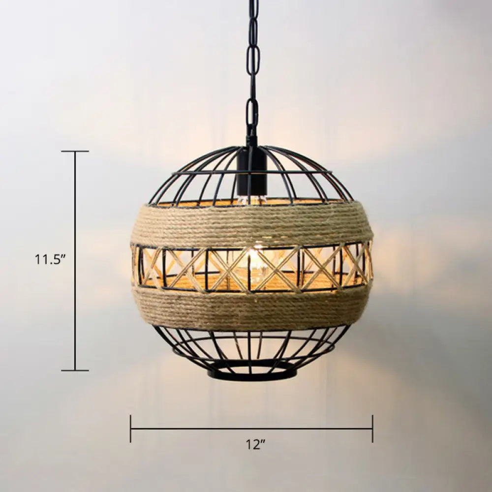 Rustic Rope Cage Pendant Light - Hand-Wrapped 1 Bulb Ceiling Lamp In Brown For Restaurants / Globe