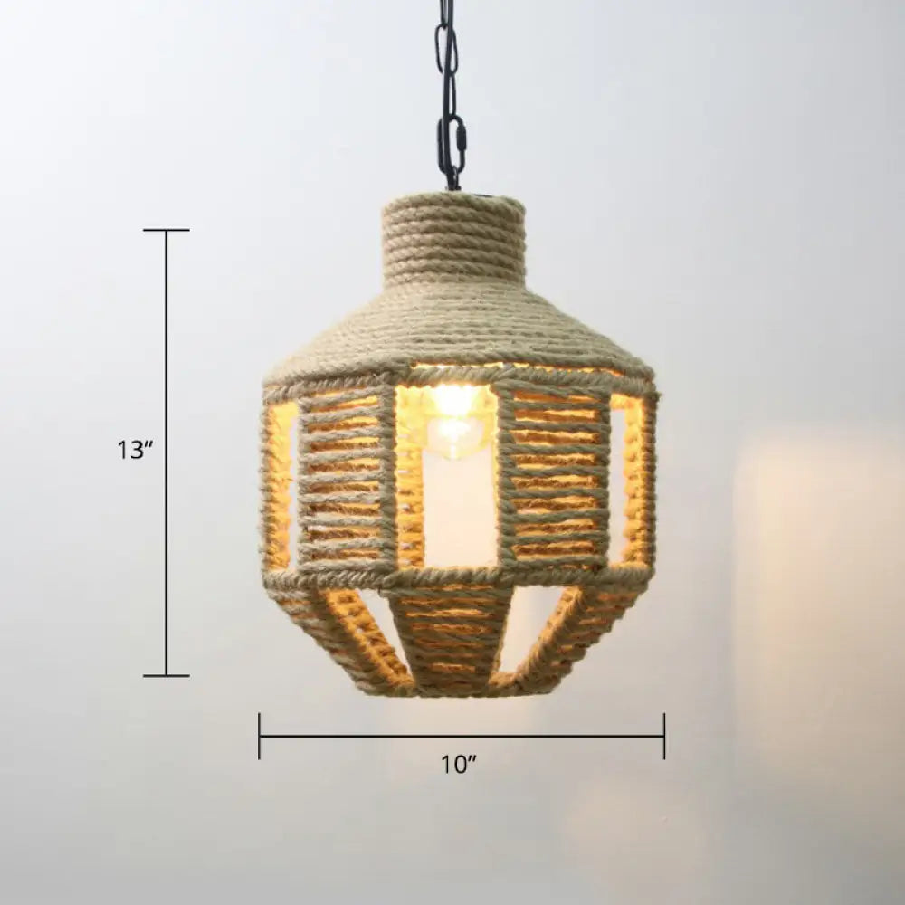 Rustic Rope Cage Pendant Light - Hand-Wrapped 1 Bulb Ceiling Lamp In Brown For Restaurants / Lantern