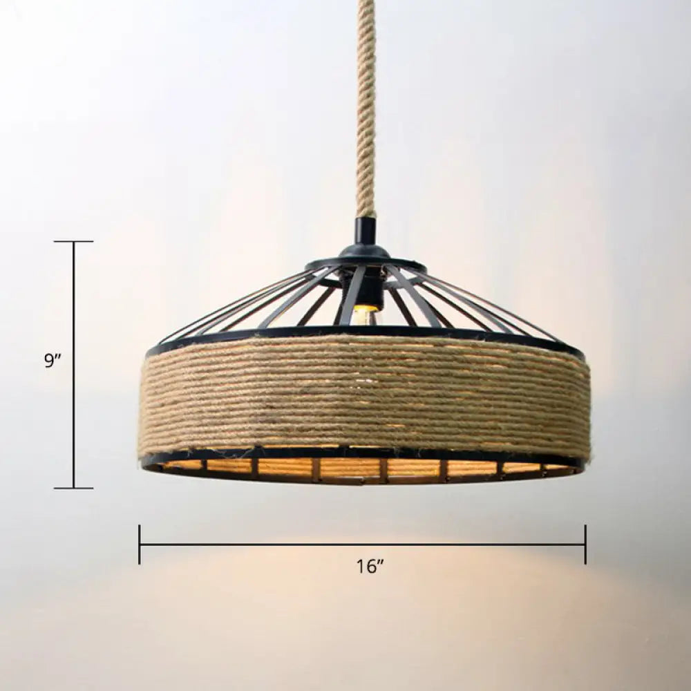 Rustic Rope Cage Pendant Light - Hand-Wrapped 1 Bulb Ceiling Lamp In Brown For Restaurants / Round