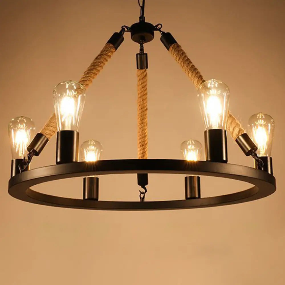 Rustic Rope Chandelier With Circular Black Metal Design And Exposed Bulbs 6 /
