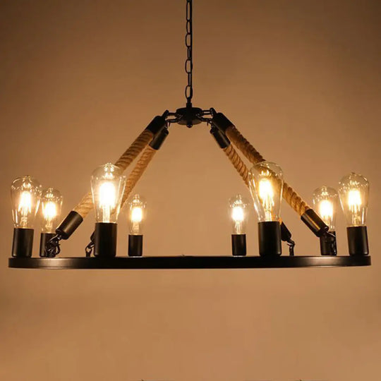Rustic Rope Chandelier With Circular Black Metal Design And Exposed Bulbs 8 /