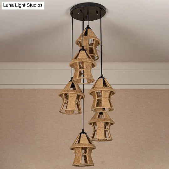 Country Cabin Pendant Lamp With Hand-Wrapped Rope Cluster And Multiple Bulbs - Brown Finish