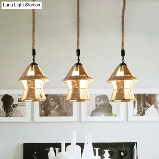 Country Cabin Pendant Lamp With Hand-Wrapped Rope Cluster And Multiple Bulbs - Brown Finish