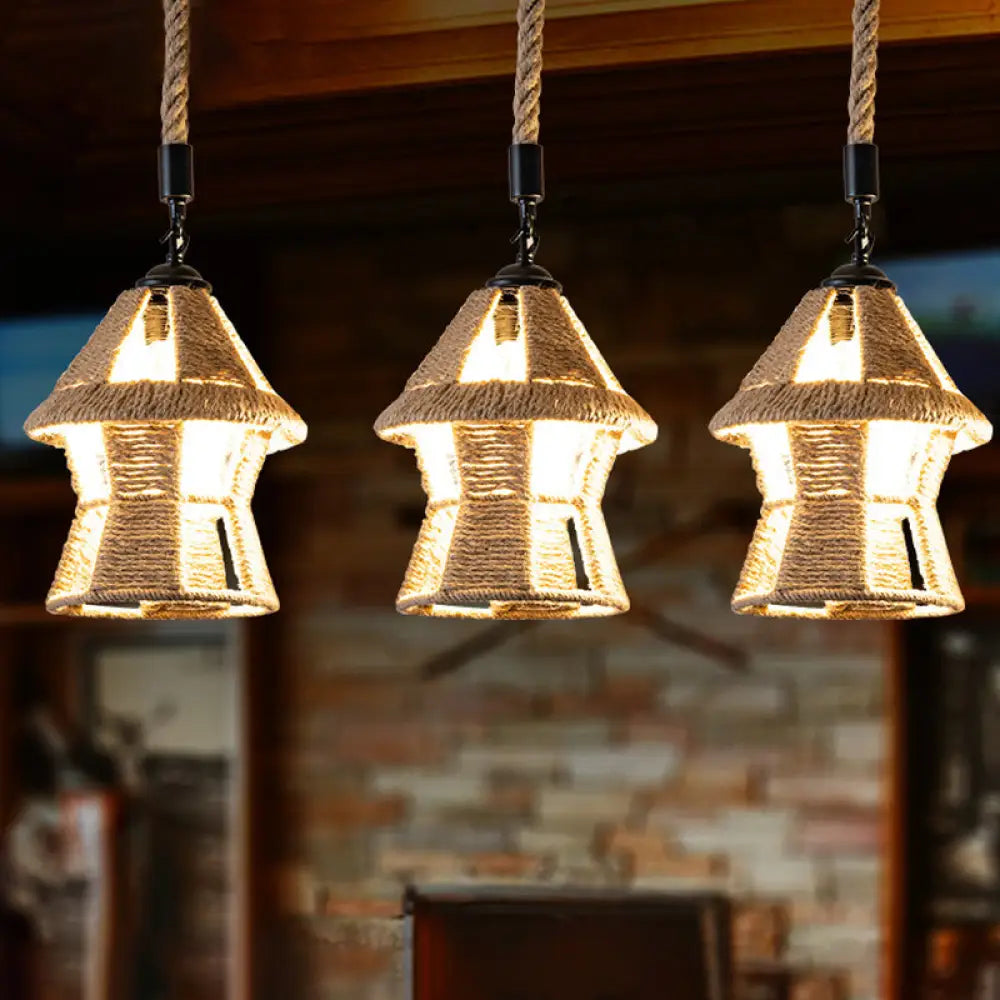 Rustic Rope Cluster Pendant Ceiling Light - Brown 3/6 Bulbs Living Room Round/Linear / Linear