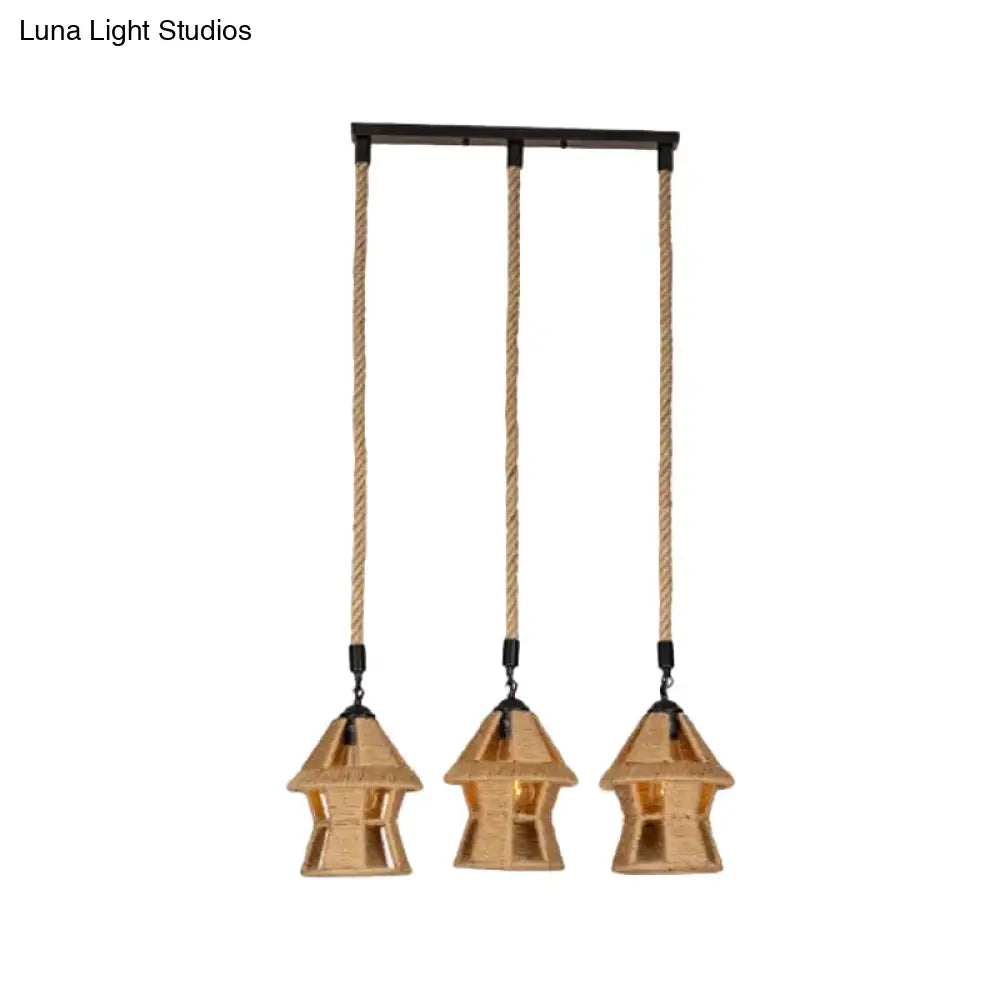 Country Cabin Pendant Lamp With Hand-Wrapped Rope Cluster And Multiple Bulbs - Brown Finish