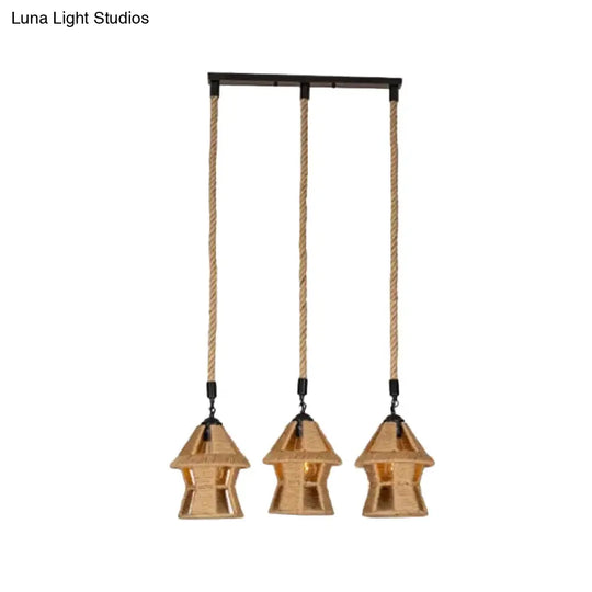 Country Cabin Pendant Lamp With Hand-Wrapped Rope Cluster And Multiple Bulbs - Brown Finish