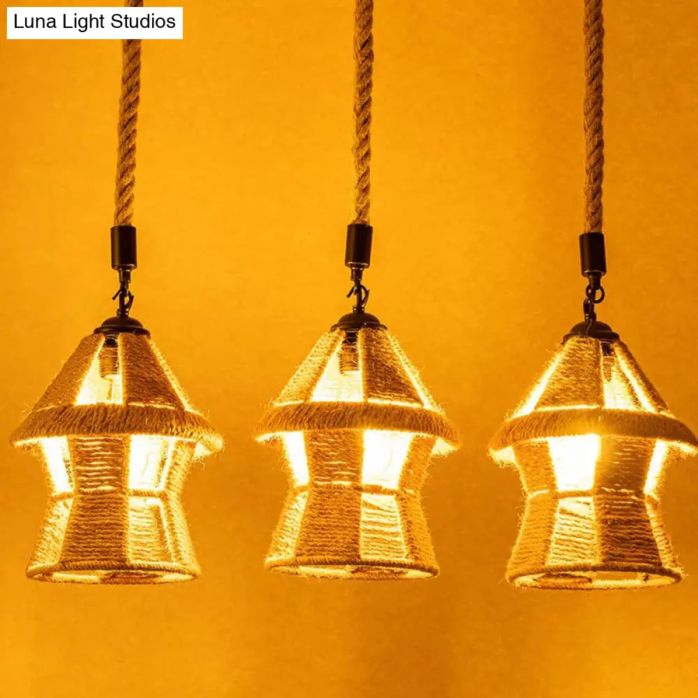 Country Cabin Pendant Lamp With Hand-Wrapped Rope Cluster And Multiple Bulbs - Brown Finish